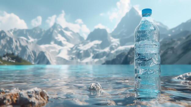 Bottled water in front of lake